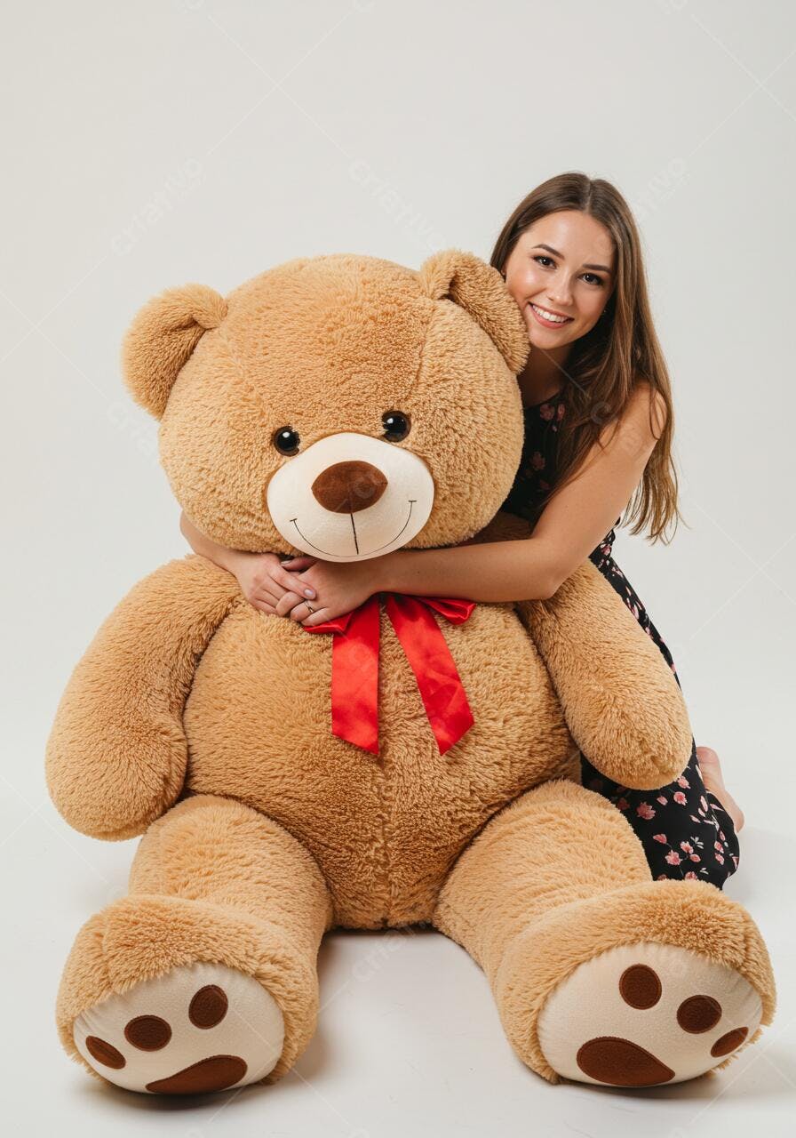 Mulher abraçando urso de pelúcia gigante