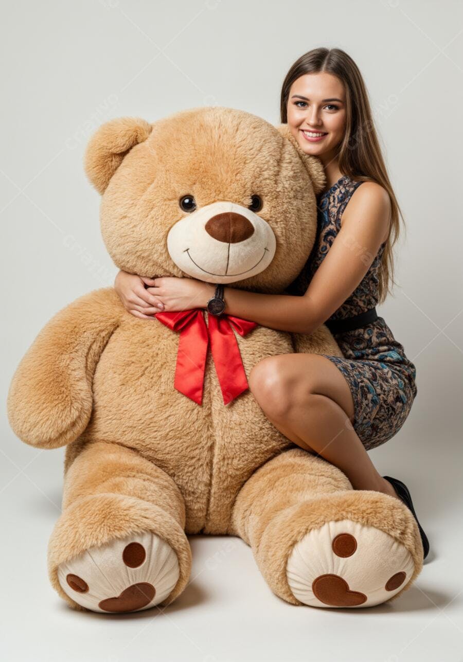 Mulher abraçando urso gigante marrom