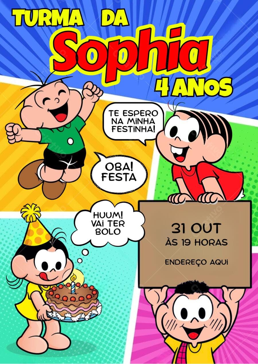 Convite de Aniversário Turma da Mônica Sophia Editável no Canva