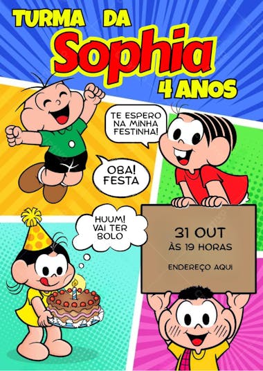 Convite de aniversário infantil Turma da Mônica quadrinhos