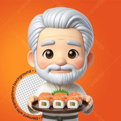 Idoso Segurando Sushi Renderizado em Estilo Pixar