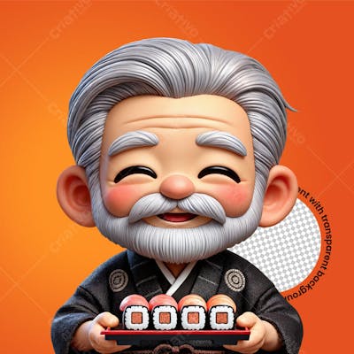 Idoso Sushiman Sorrindo Renderizado Estilo Pixar