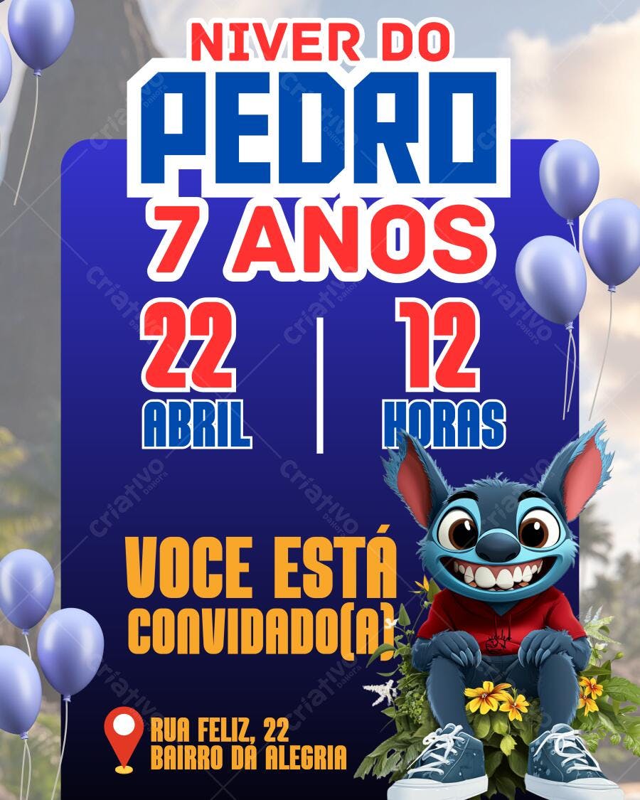 Convite de Aniversário Infantil Stitch Azul e Lilás Editável no Canva