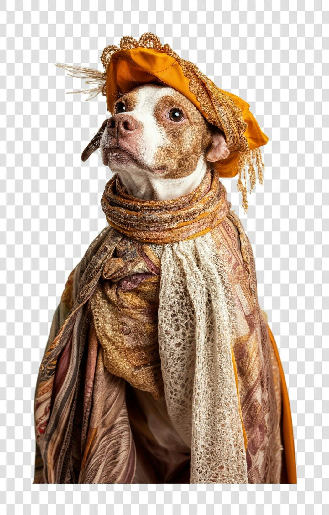 Imagem PNG Cachorro com chapéu e cachecol marrom e laranja com fundo transparente