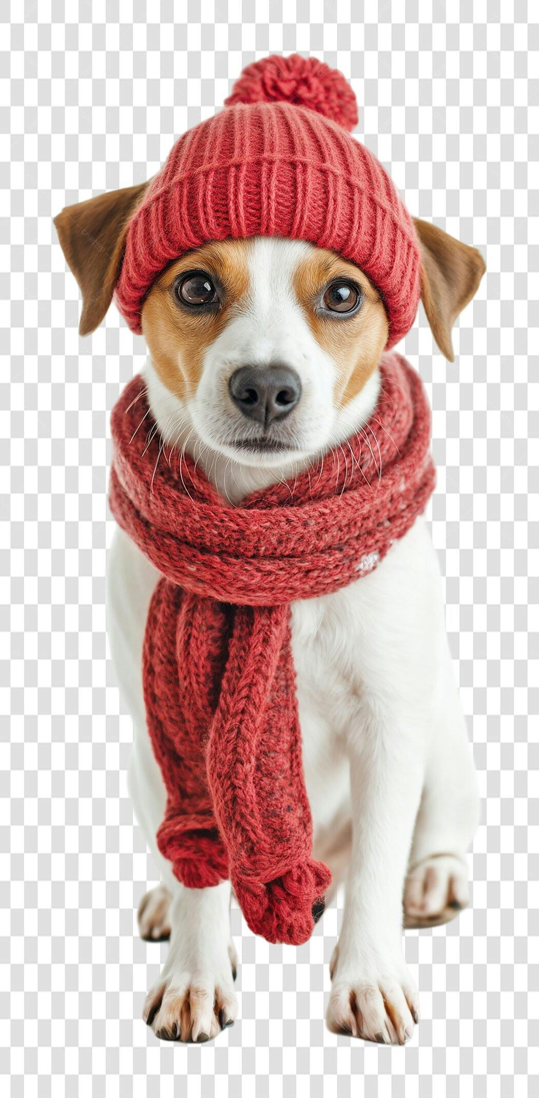 Imagem PNG Cachorro com Gorro e Cachecol Vermelho Fundo Transparente