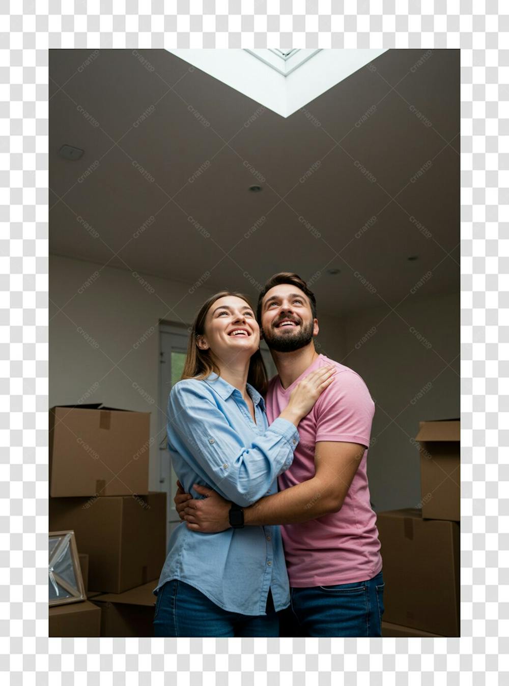 Casal em sua casa olhando para cima depois de ter conquistado a casa própria