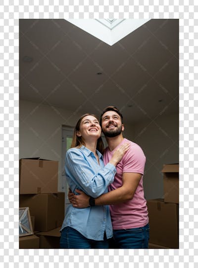 Casal em sua casa olhando para cima depois de ter conquistado a casa própria