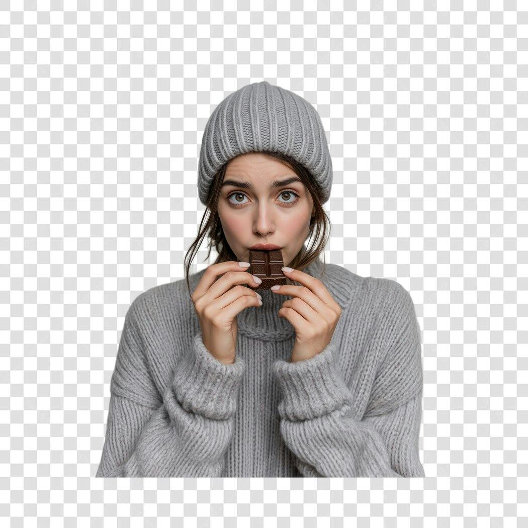 Post Instagram Mulher comendo chocolate PNG com fundo transparente