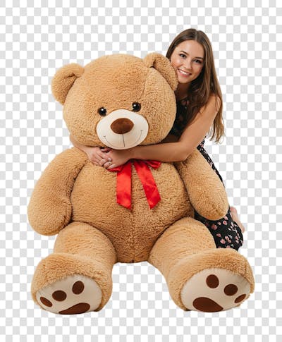 Mulher abraçando um grande urso de pelucia que ganhou de presente