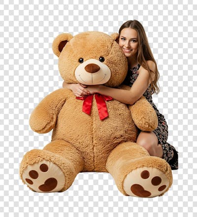 Mulher abraçando um grande urso de pelucia que ganhou de presente