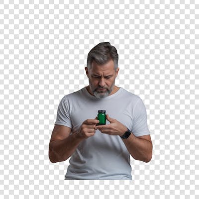 Homem segurando um frasco de remédio