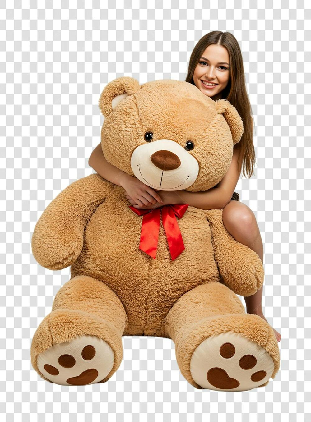 Mulher abraçando um grande urso de pelucia que ganhou de presente