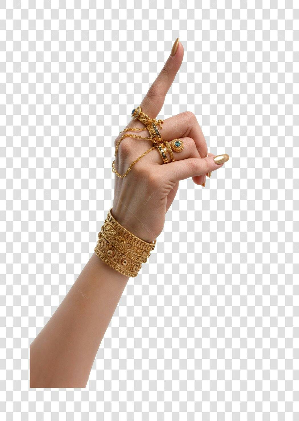 PNG mão com joias douradas apontando PNG com fundo transparente
