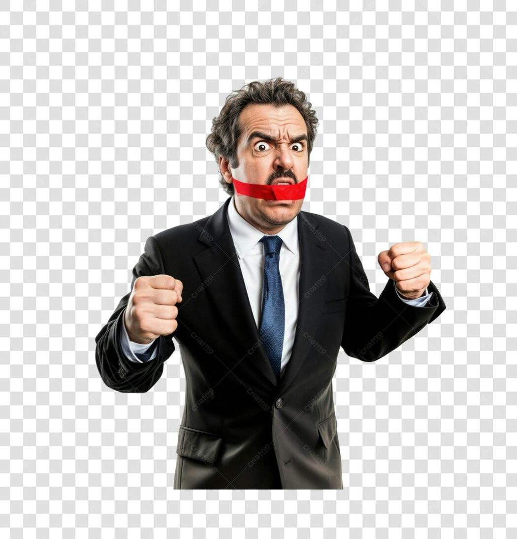 Imagem PNG homem de negócios com boca fechada com fita vermelha fundo transparente