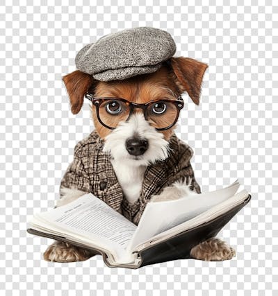 Cachorro jornalista lendo livro