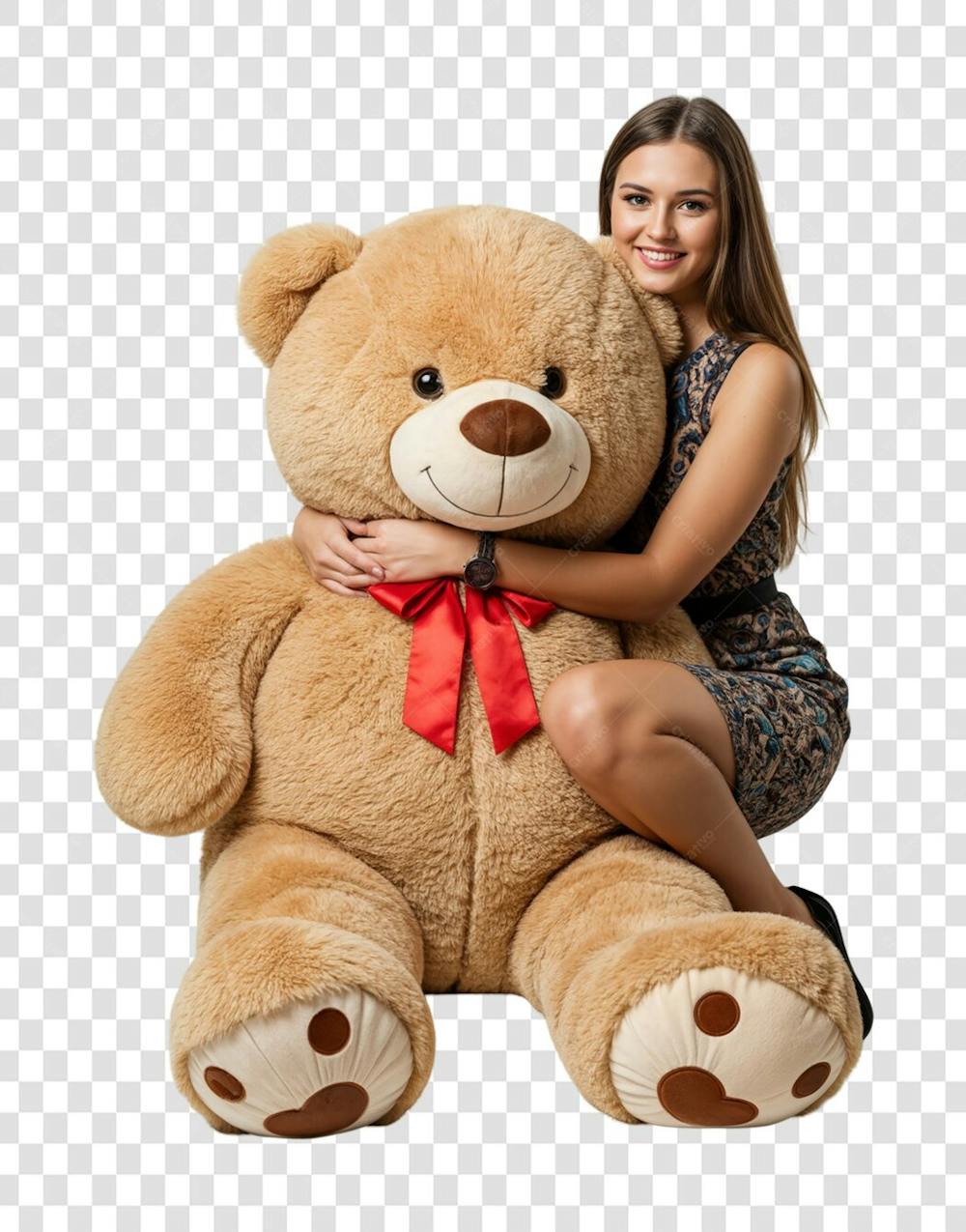 Mulher abraçando um grande urso de pelucia que ganhou de presente