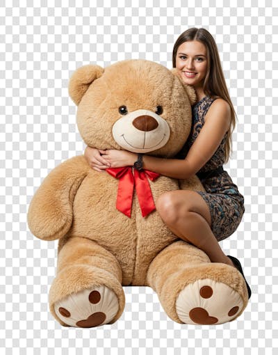 Mulher abraçando um grande urso de pelucia que ganhou de presente