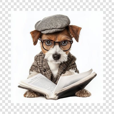 Cachorro jornalista lendo livro