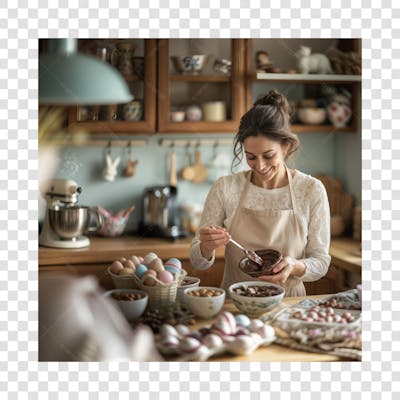 Mãe na cozinha fazendo ovos de páscoa