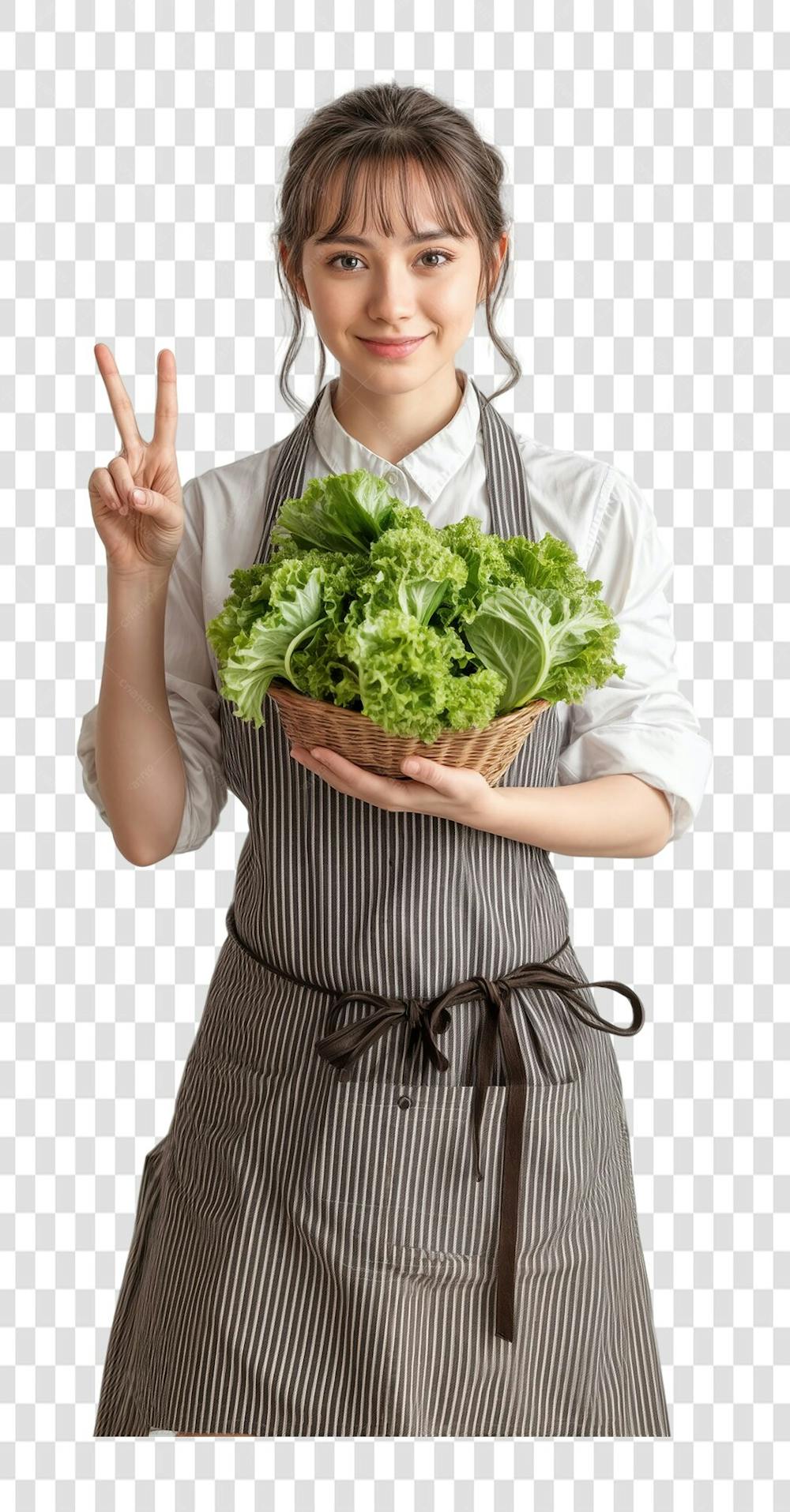 mulher japonesa segurando um cesto de salada de alface