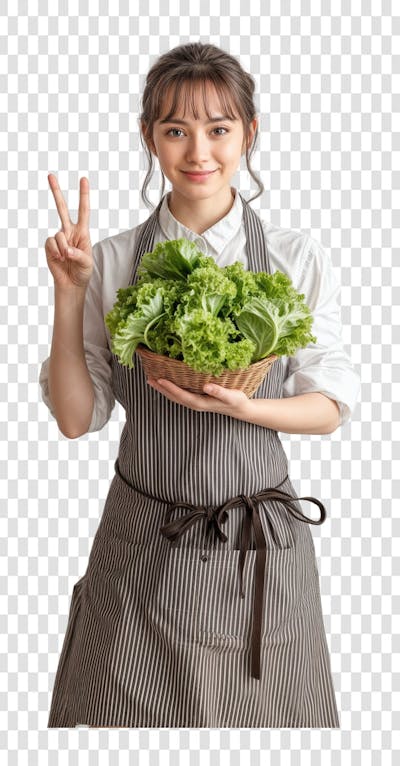 mulher japonesa segurando um cesto de salada de alface