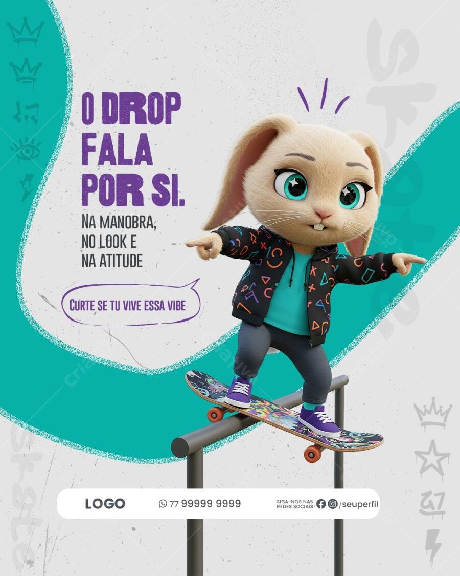 Flyer Coelhinho Skatista PSD Editável