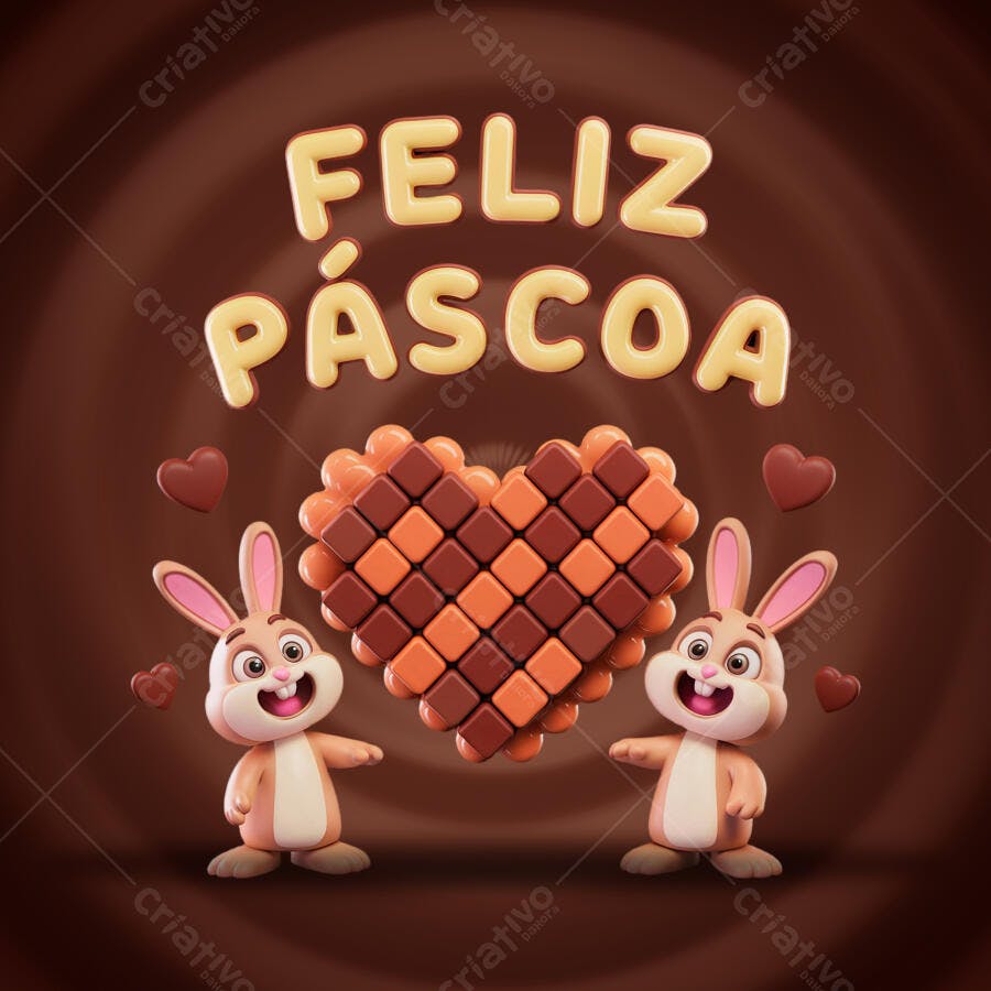 Flyer Páscoa com coelhos e coração de chocolate PSD Editável