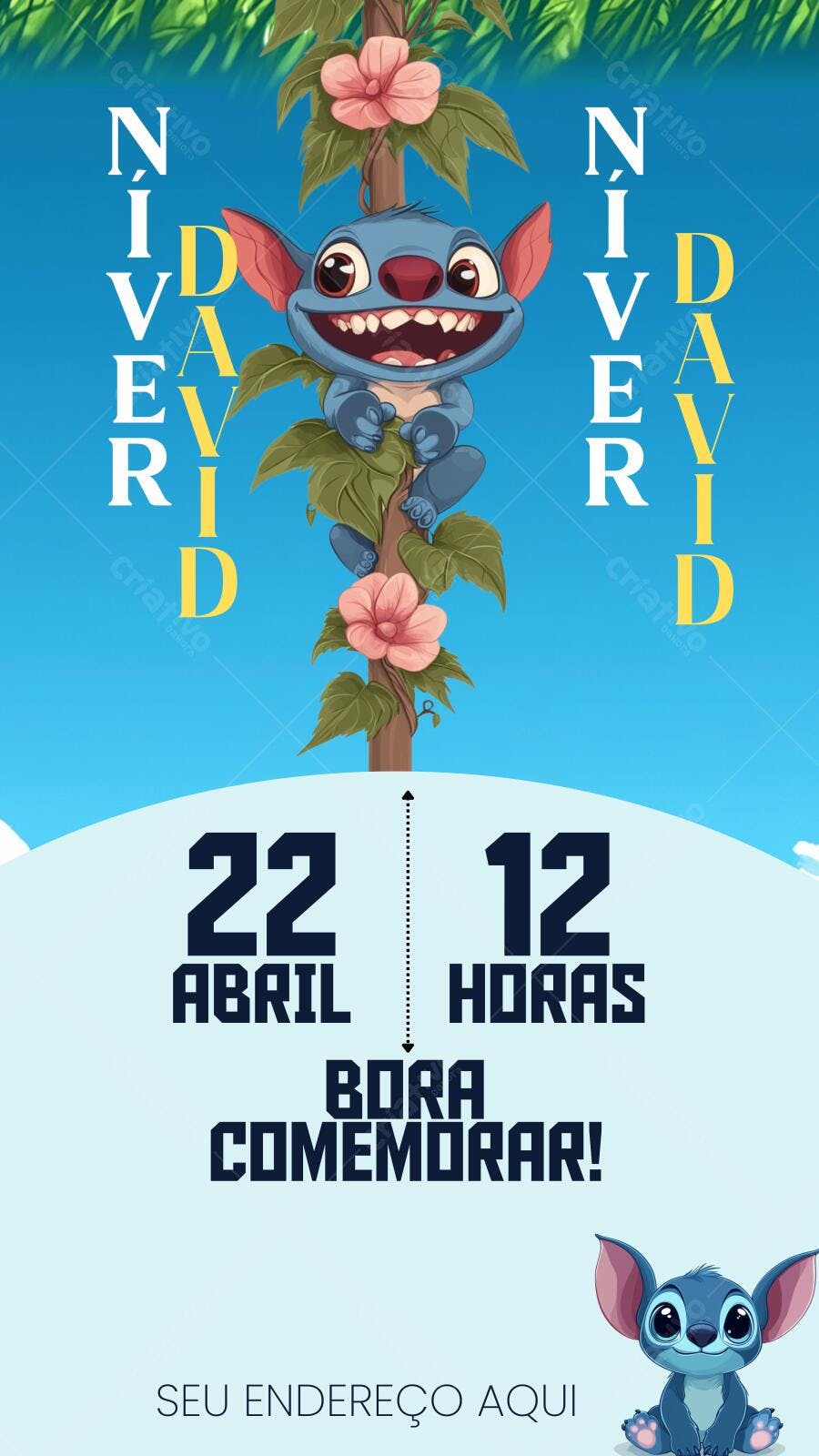 Convite de Aniversário Stitch Azul e Rosa Editável no Canva