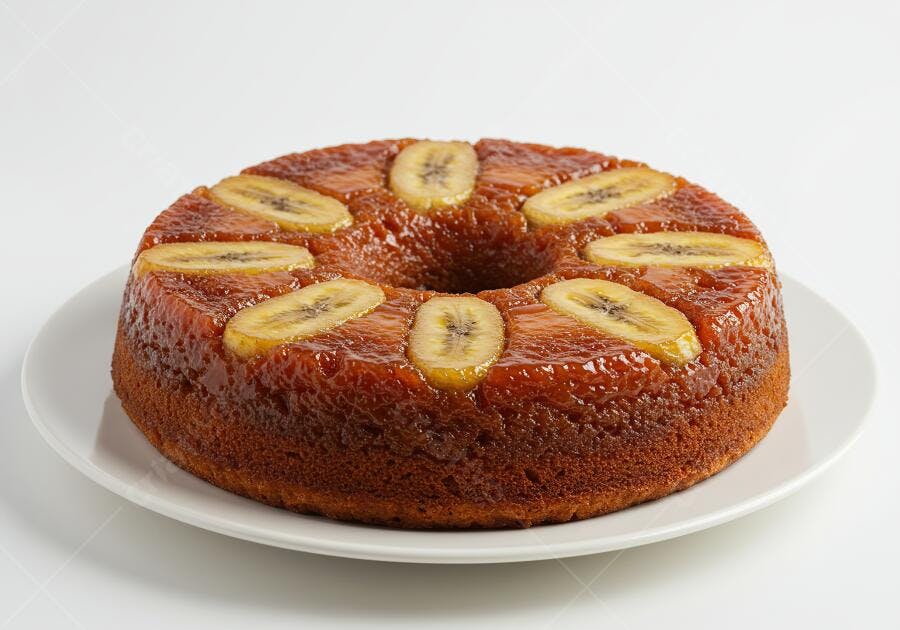 Bolo de Banana Caramelado com fatias de banana