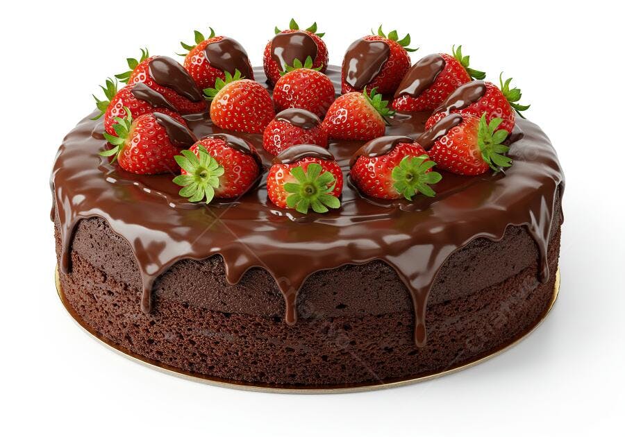 Bolo de chocolate com morangos e cobertura