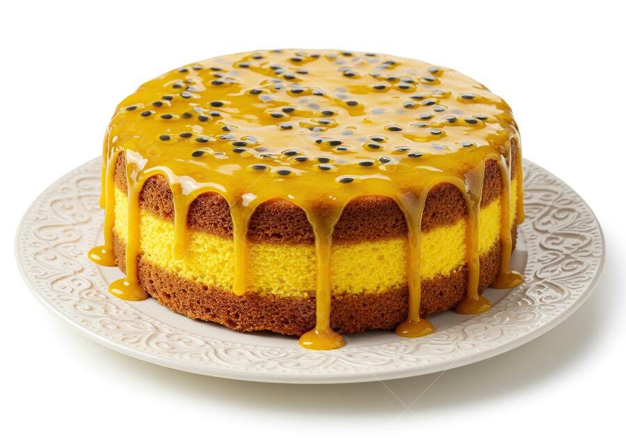Bolo de maracujá com cobertura brilhante