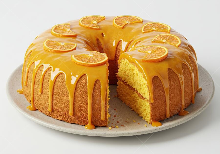 Bolo de laranja com cobertura e fatias