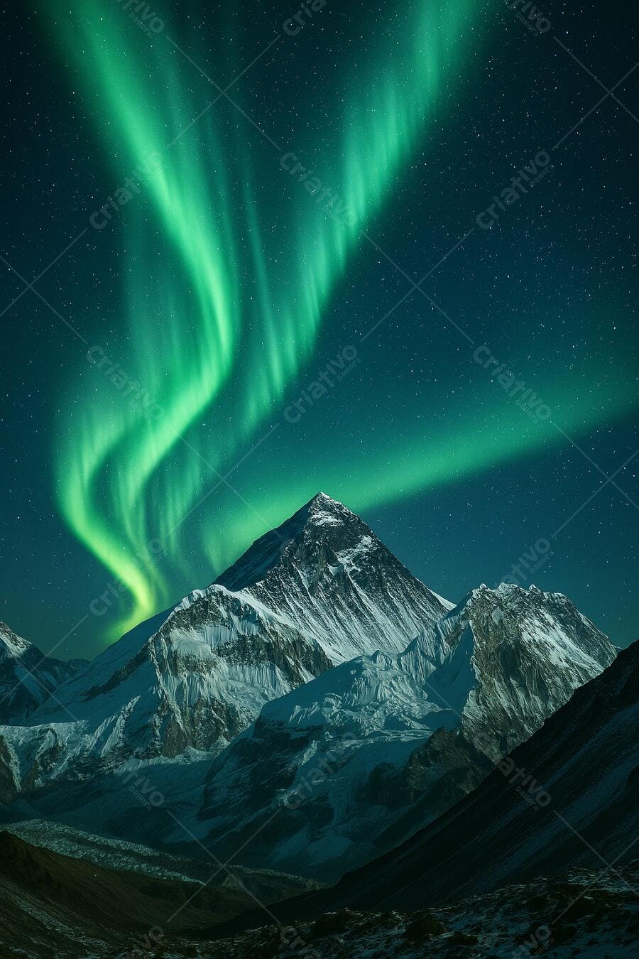 Aurora Boreal sobre Montanhas Nevadas