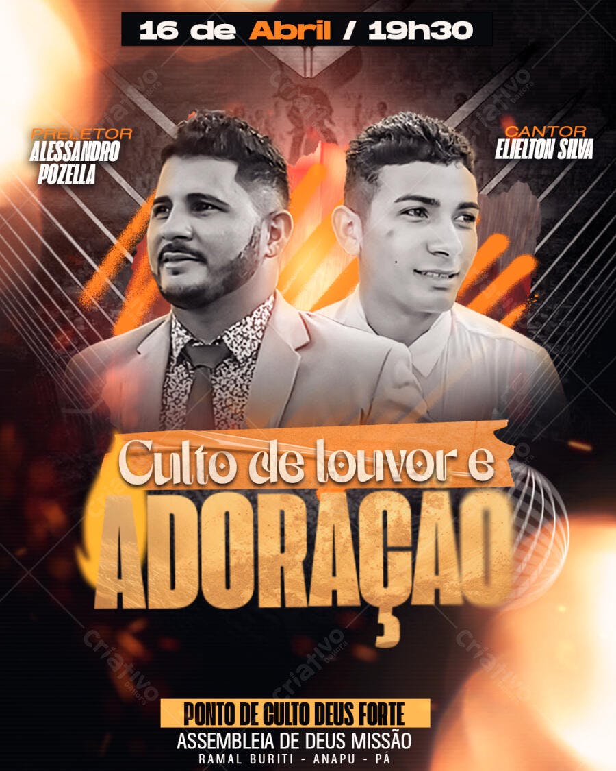 Flyer para Culto de Louvor e Adoração 16 de Abril PSD Editável