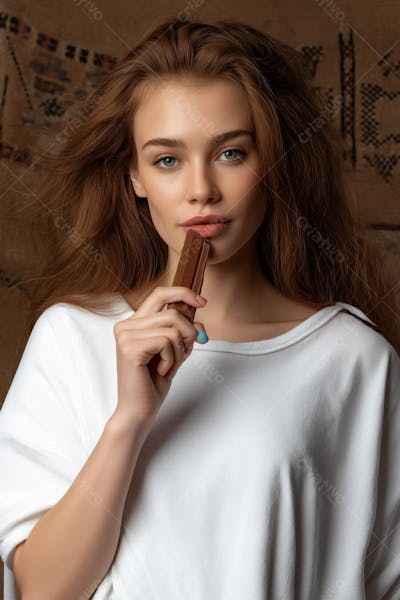 foto de mulher ruiva comendo barra de chocolate de páscoa foto hiper realista (3)