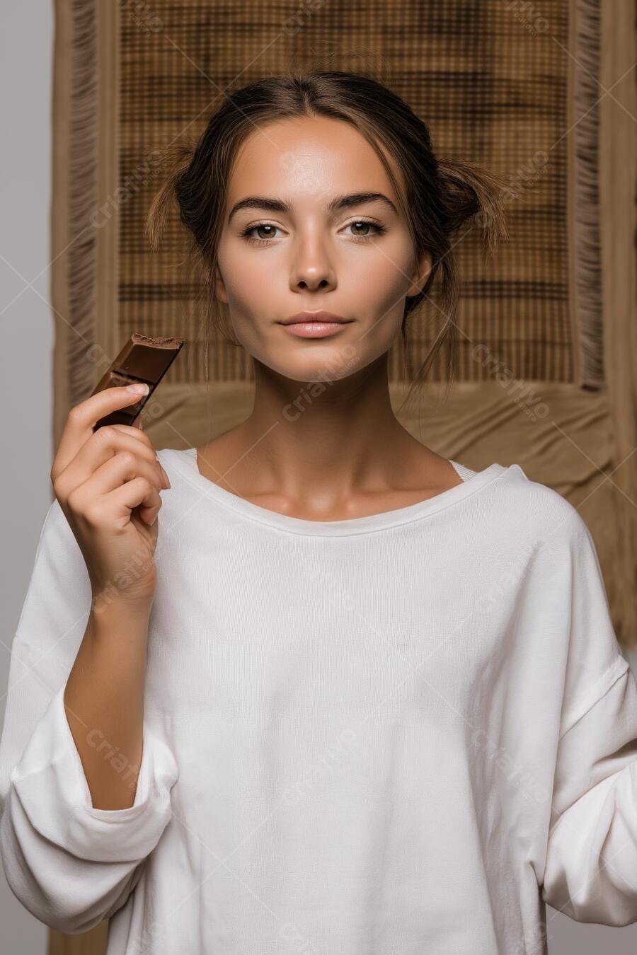 Mulher comendo chocolate branco fundo marrom
