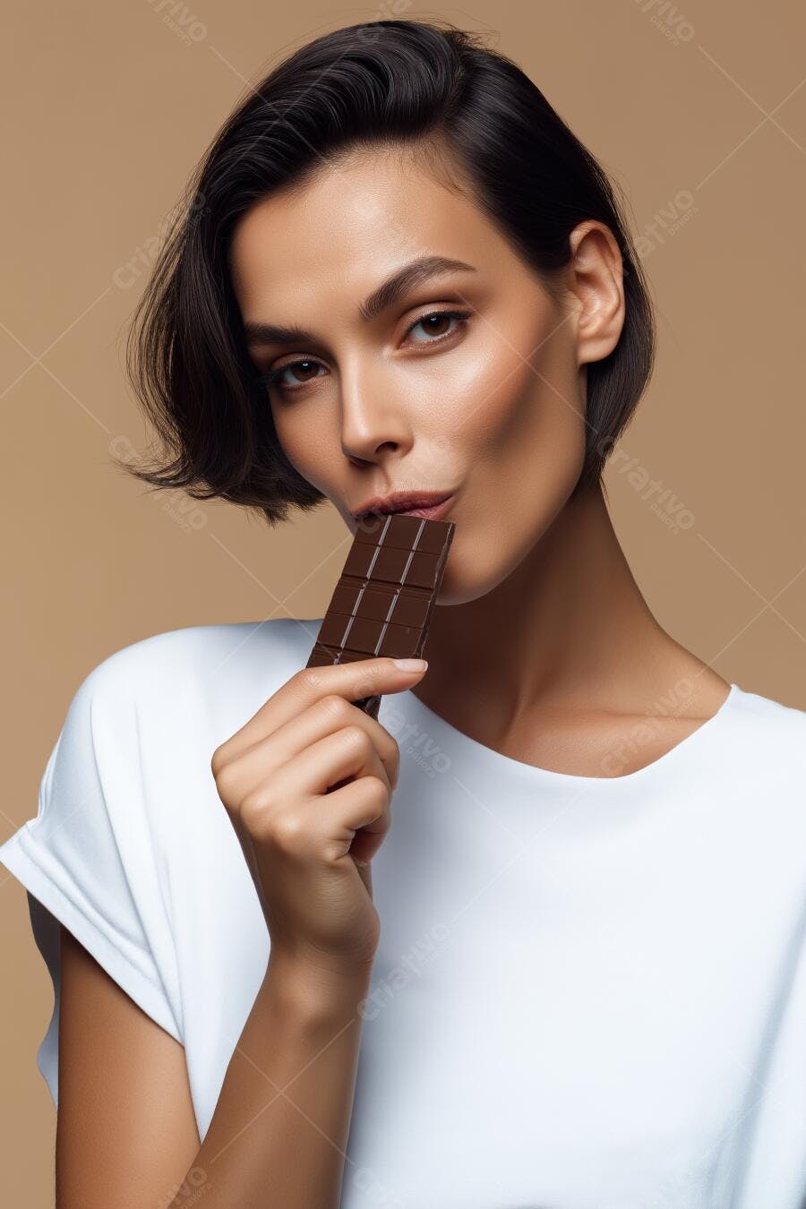 Mulher comendo chocolate amargo