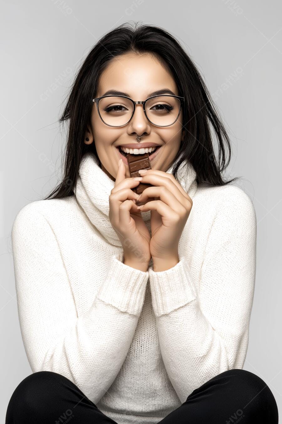Mulher com óculos comendo chocolate