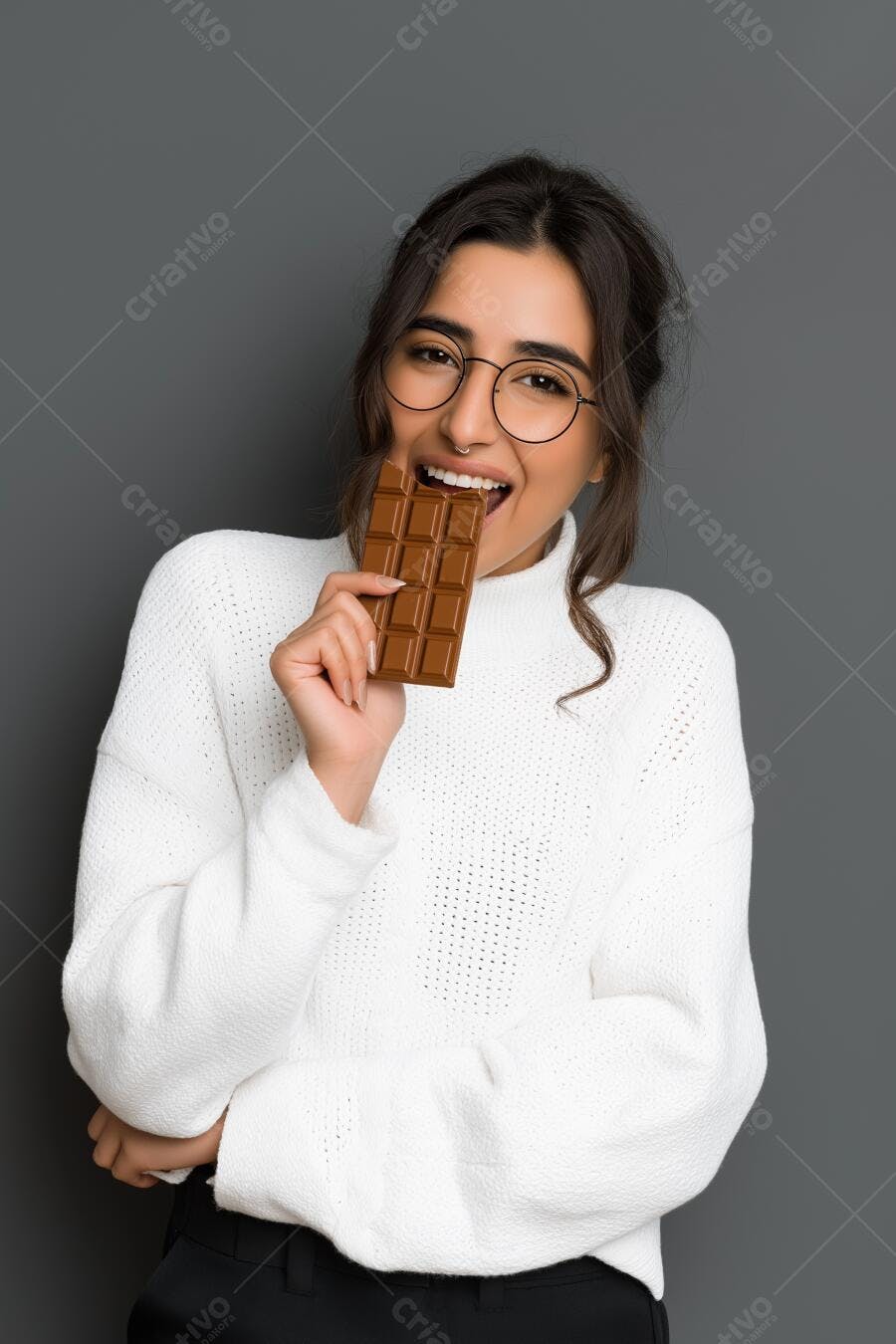 Mulher mordendo chocolate sorrindo
