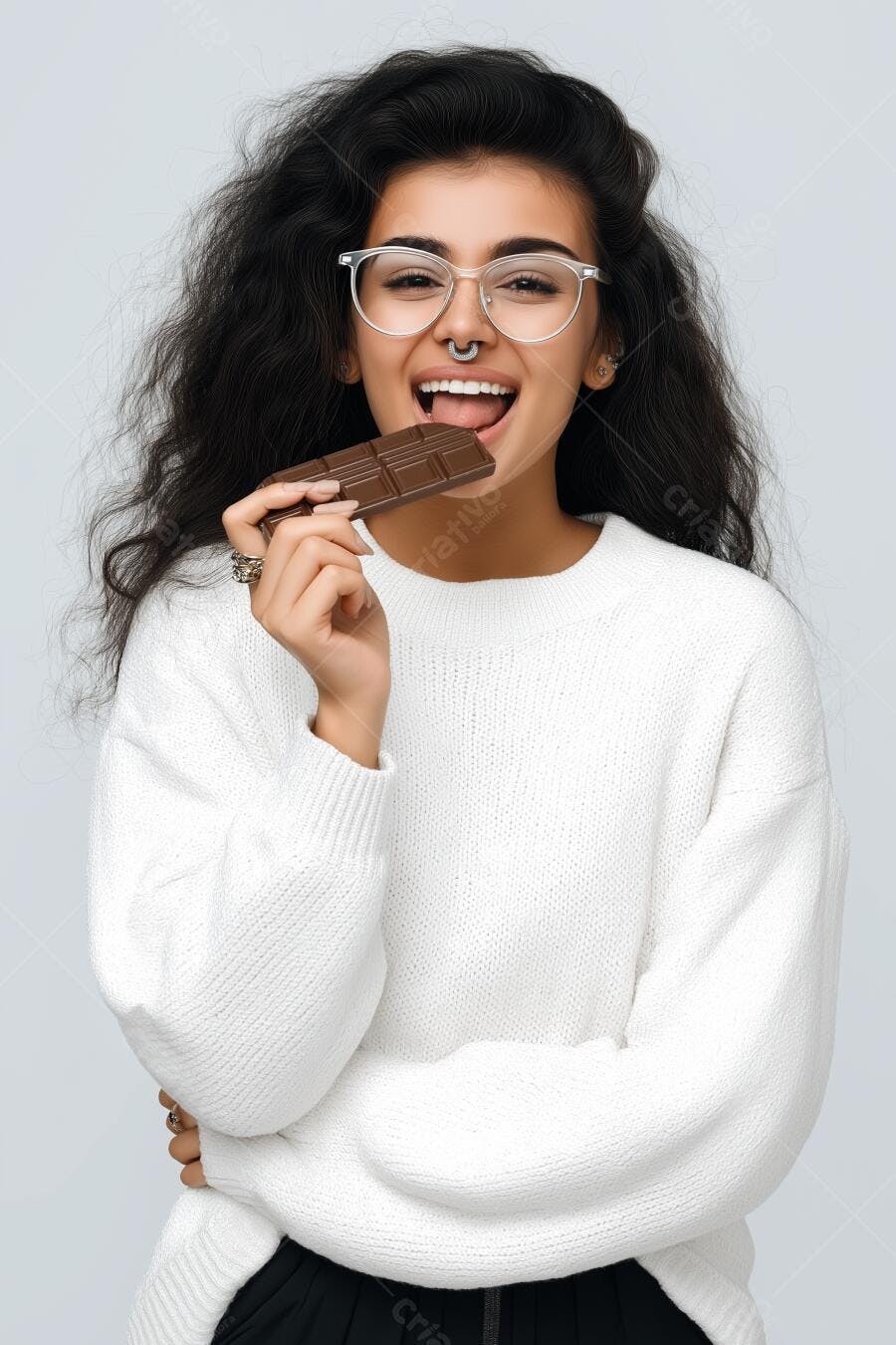 Mulher comendo chocolate sorrindo