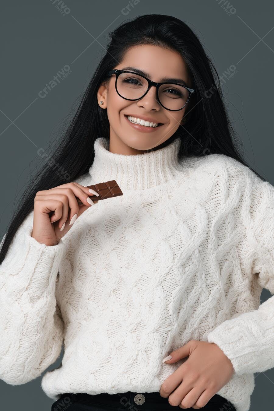 Mulher sorridente com chocolate e suéter branco