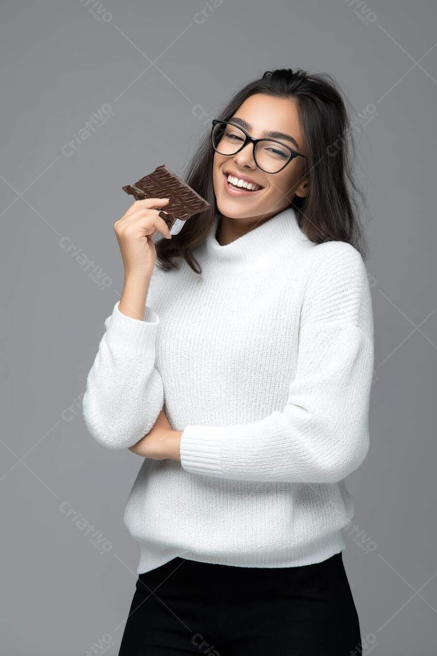 Mulher comendo chocolate sorrindo