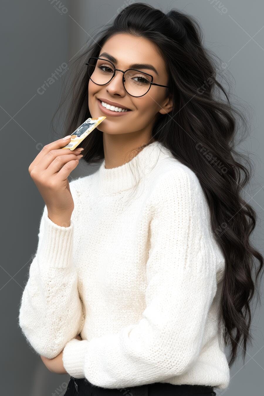 Mulher sorridente com cartão de crédito