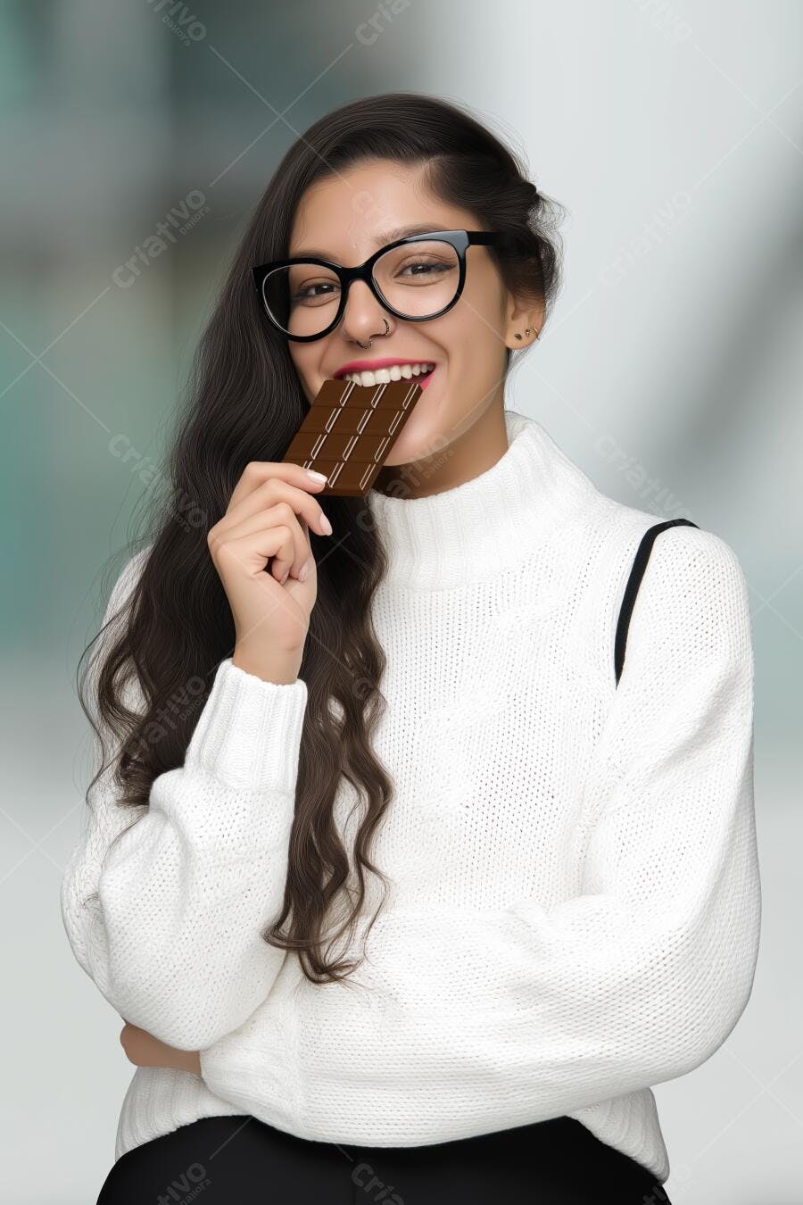 Mulher mordendo chocolate branco e sorrindo