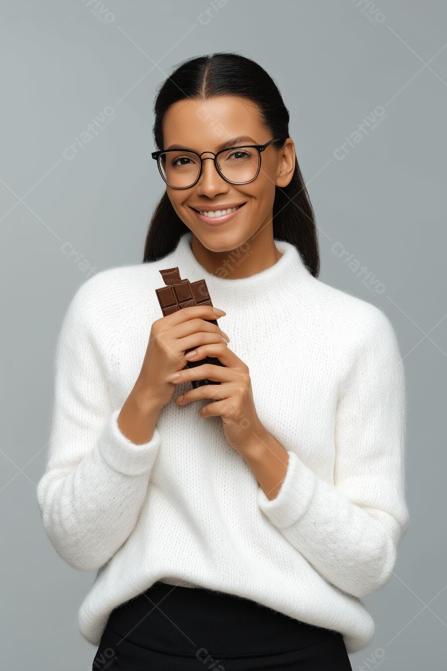 Mulher com óculos segurando chocolate