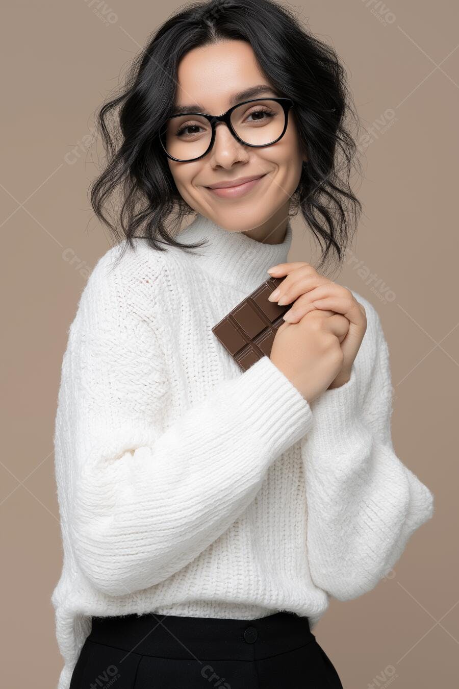 Mulher com óculos abraçando chocolate