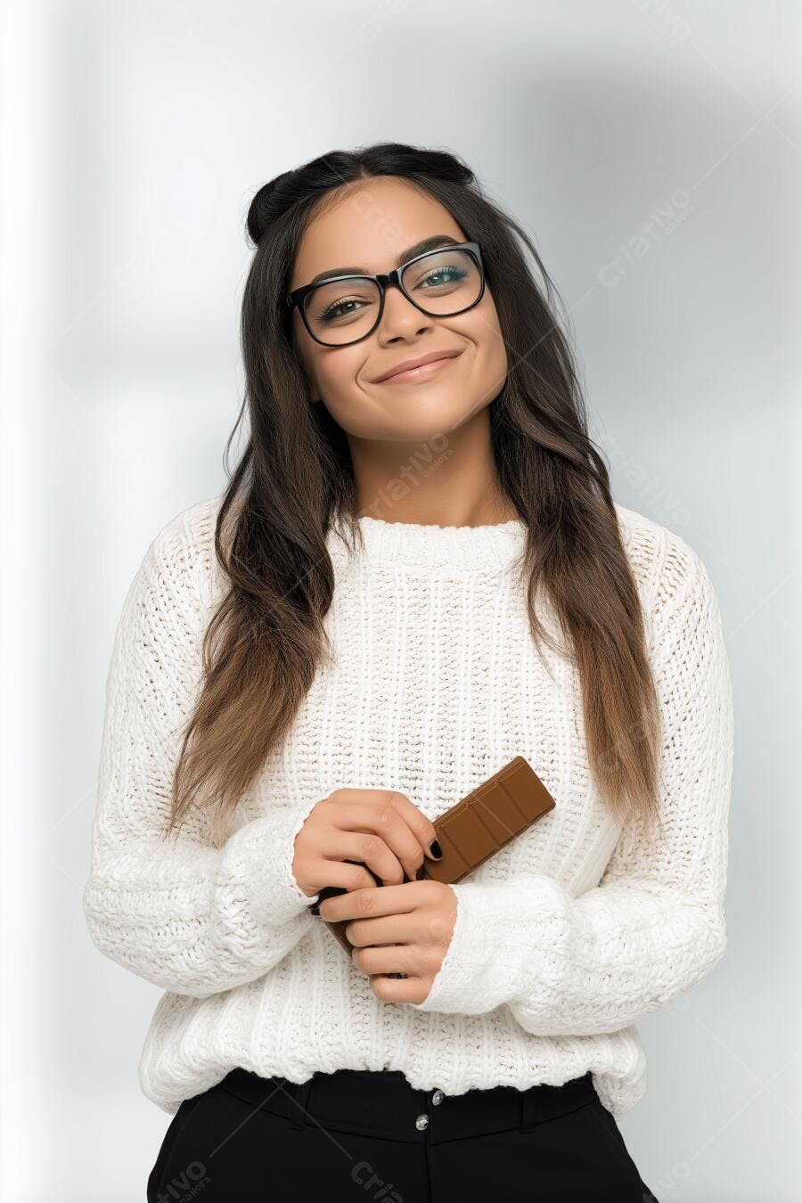 Mulher com óculos segurando chocolate