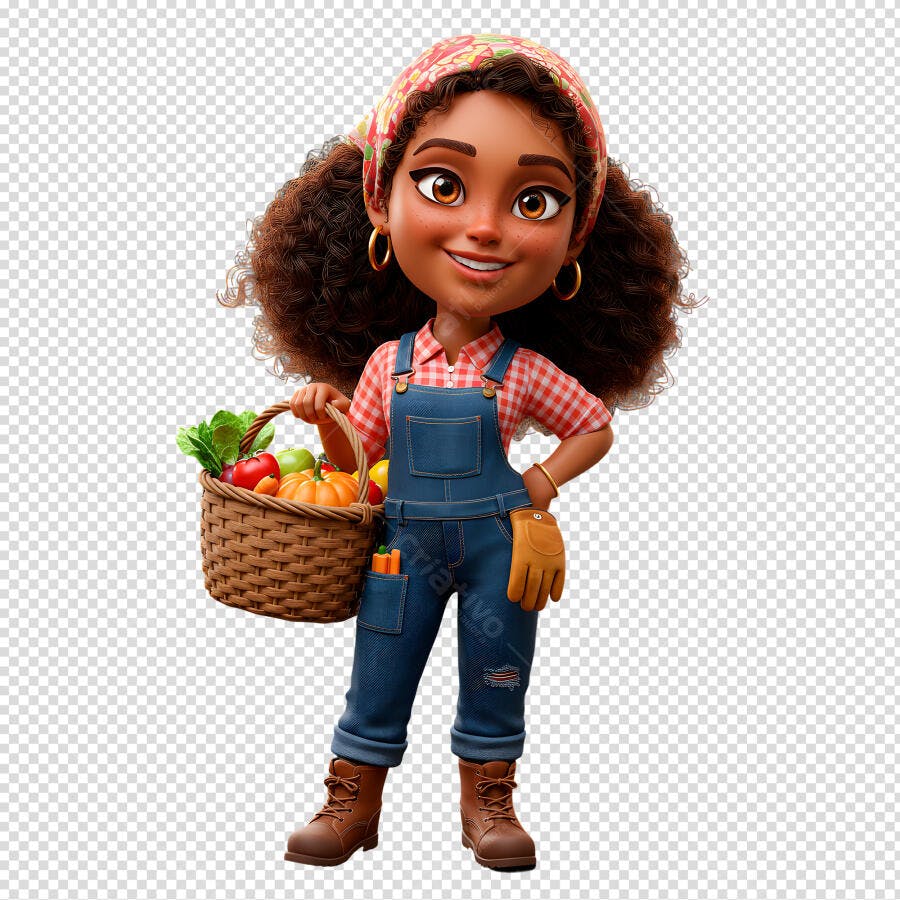 Personagem Cartoon Agricultora com Cesta de Verduras PSD Editável