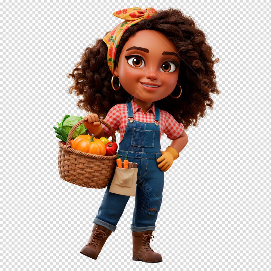 Personagem Cartoon Agricultora com Cesta de Verduras PSD Editável