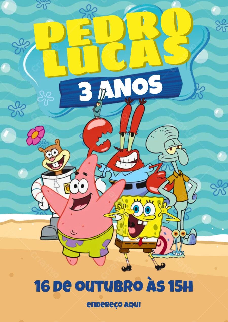 Convite de aniversário infantil Bob Esponja Editável no Canva